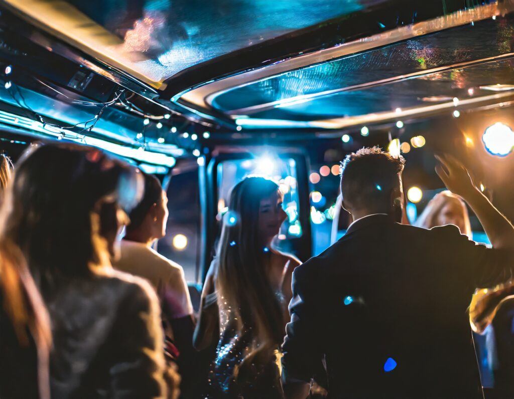 Firefly inside a party bus at night with LEDs laser lgihts and people dancing. 29721