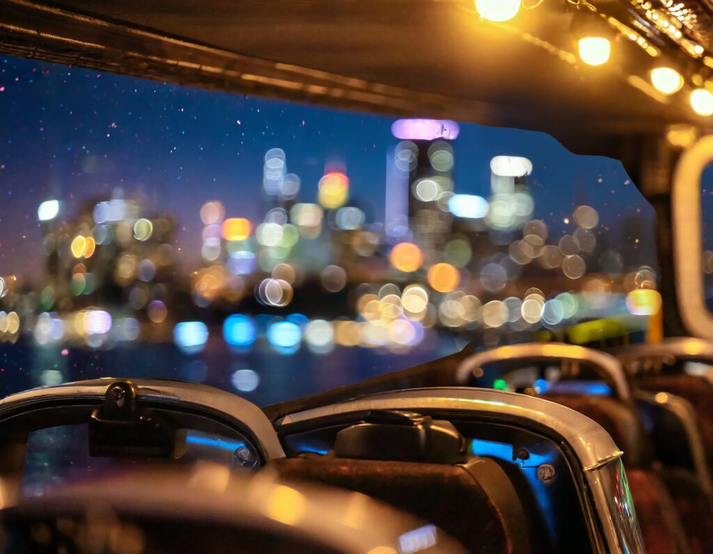 Firefly sydney skyline at night from inside a party bus 10358